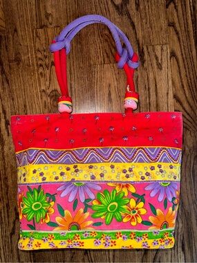 Sun N Sand Large Tote Bag Beach Bag Floral Tropical Palm Tree Beaded Preppy